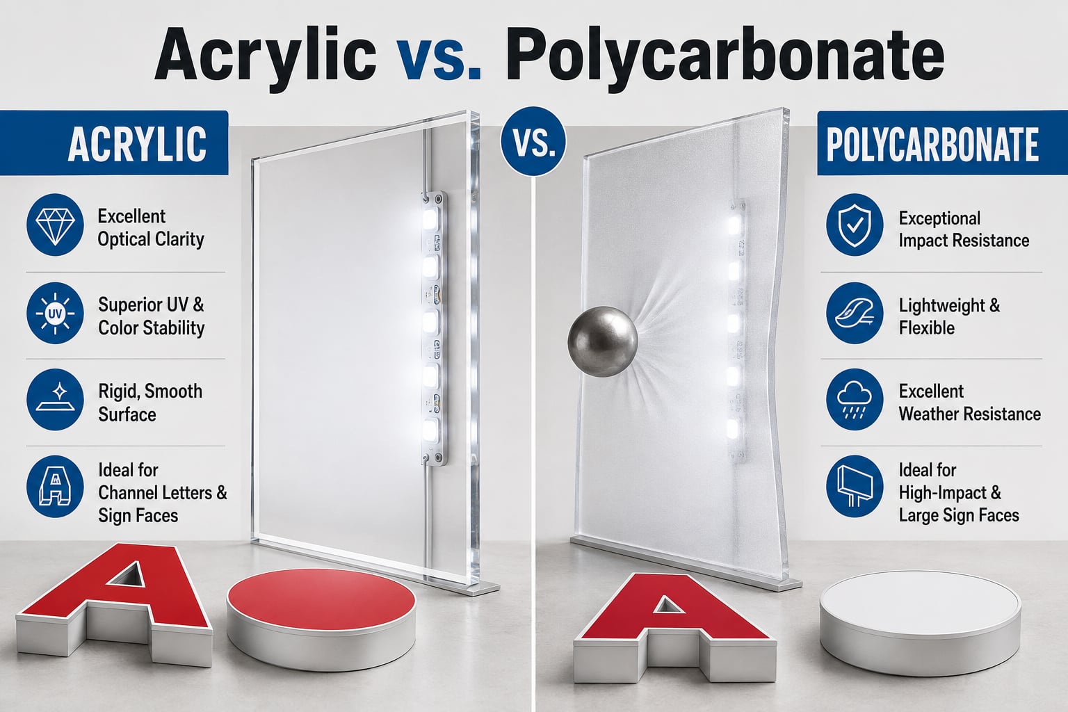 Acrylic vs. polycarbonate comparison: acrylic offers excellent optical clarity, UV and color stability, and a rigid smooth surface; polycarbonate offers exceptional impact resistance, is lightweight and flexible, and has excellent weather resistance