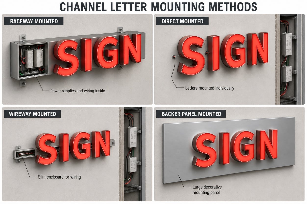 Channel letter mounting methods: raceway mounted with power supplies and wiring inside, direct mounted with letters mounted individually, wireway mounted with a slim enclosure for wiring, and backer panel mounted with a large decorative mounting panel