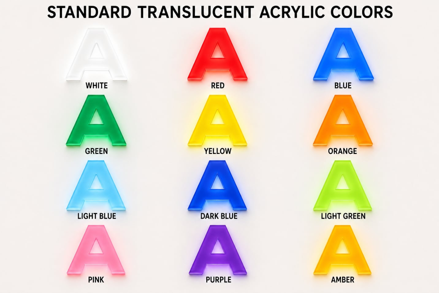 Standard translucent acrylic colors for illuminated channel letter faces