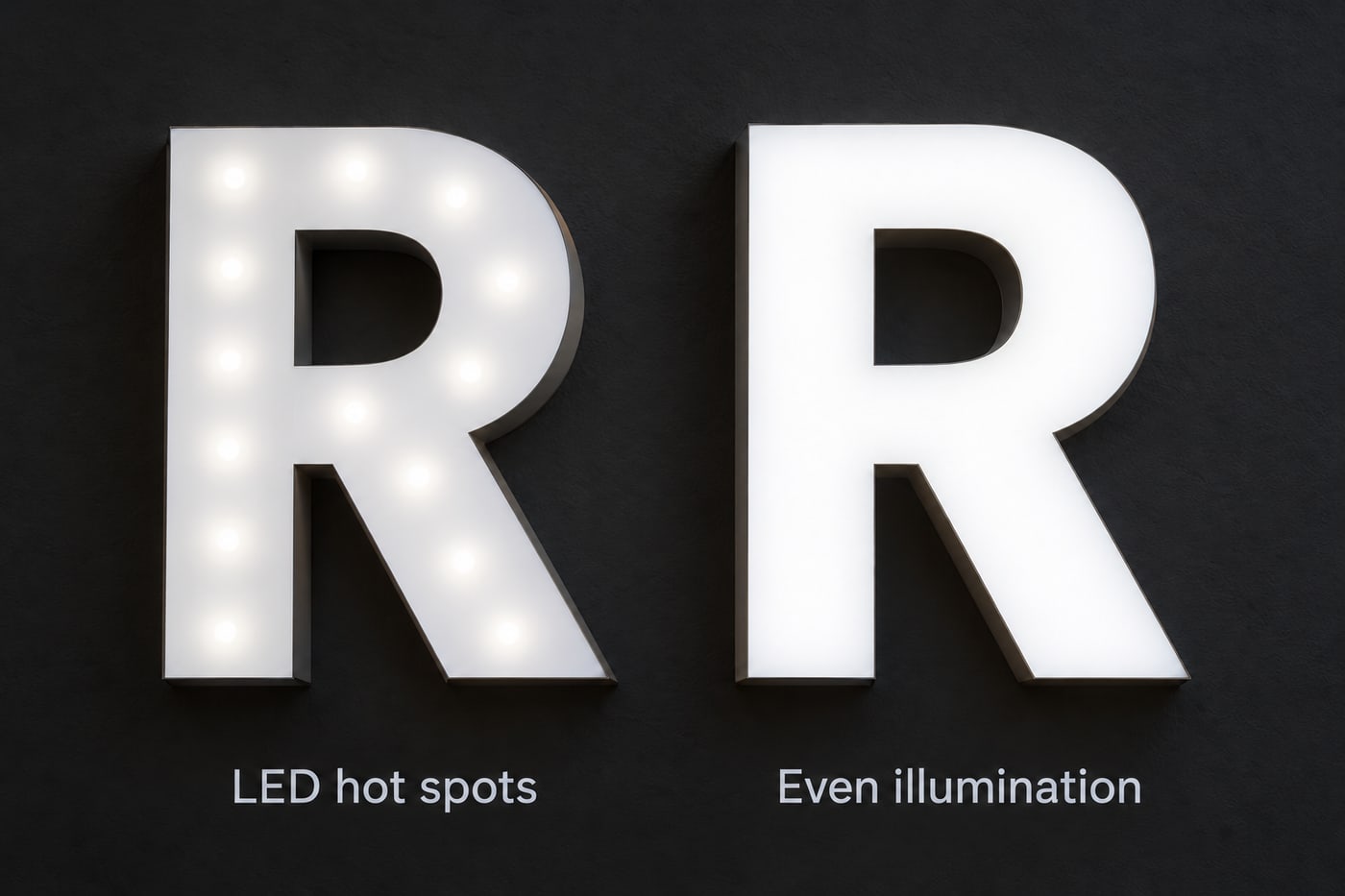 Two lit channel letter R's side by side: the left shows individual LED hot spots visible through the face, the right shows even illumination