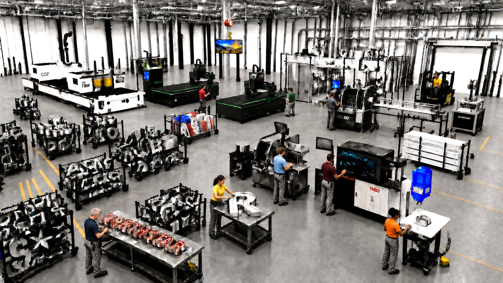 Wholesale Sign Pro production facility — CNC, laser, and assembly stations