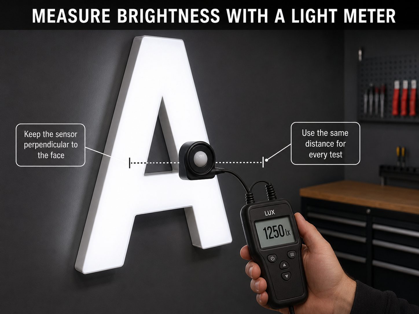 Measuring channel letter brightness with a handheld lux meter — keep the sensor perpendicular to the face and use the same distance for every test