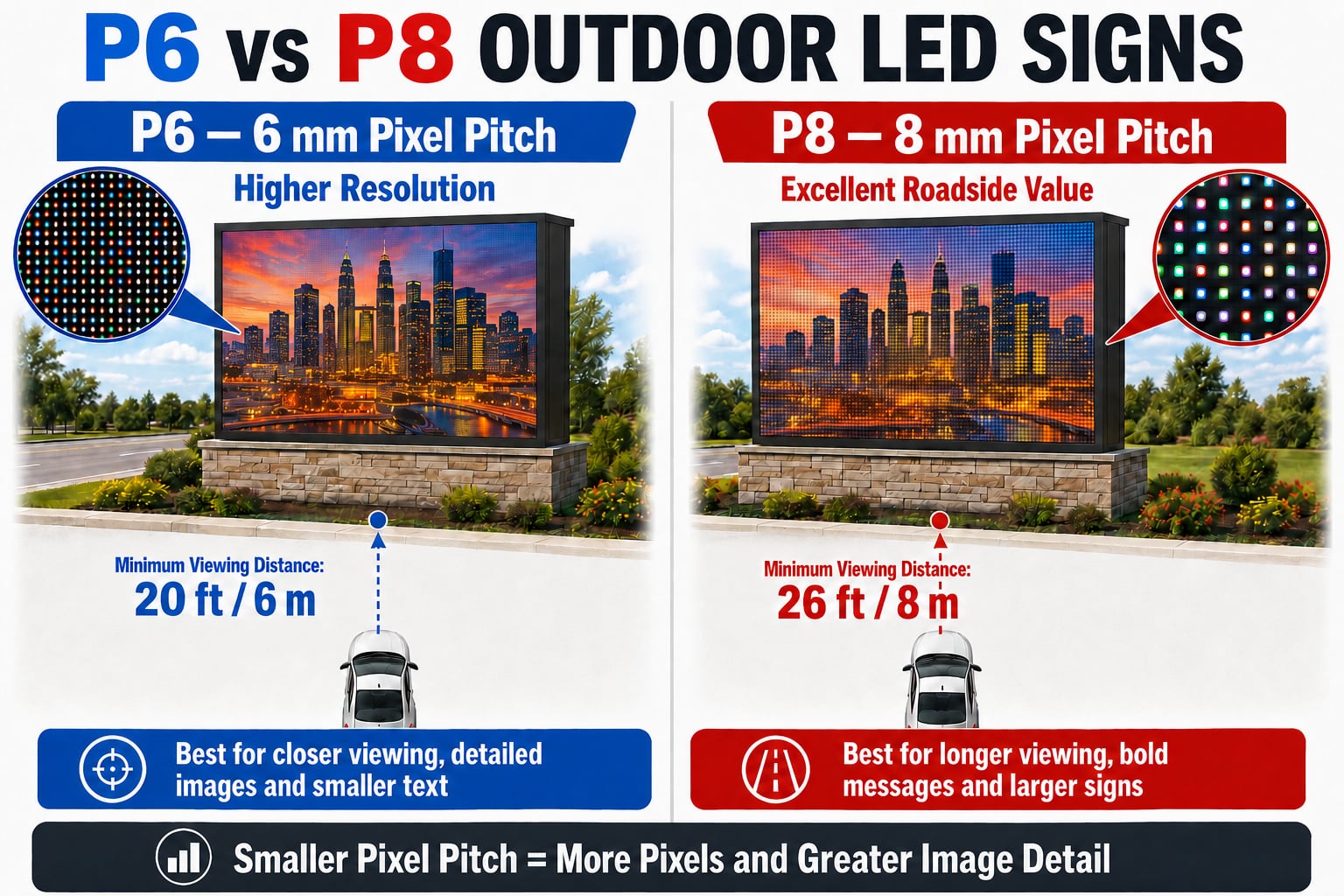 Comparison of P6 and P8 outdoor LED signs, showing P6's 6 mm pixel pitch for higher-resolution close viewing versus P8's 8 mm pixel pitch for bolder, longer-distance signage.