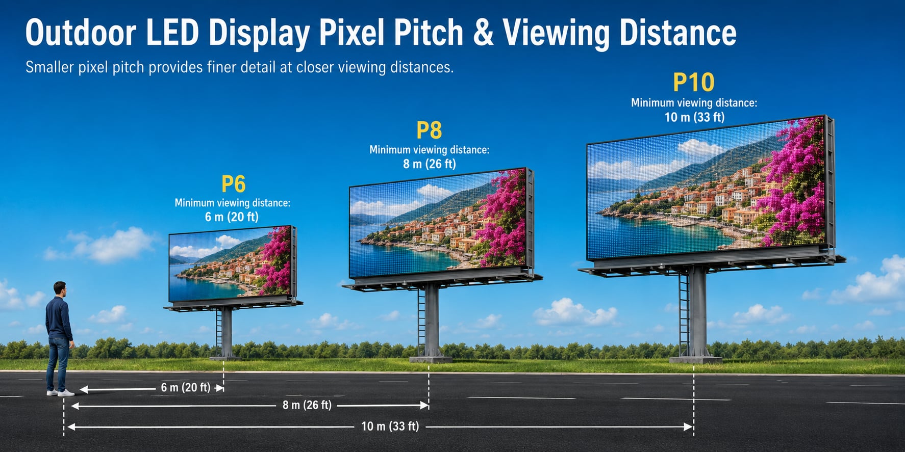 Diagram comparing P6, P8, and P10 outdoor LED display pixel pitch against minimum viewing distance — smaller pixel pitch allows sharper detail at closer range.