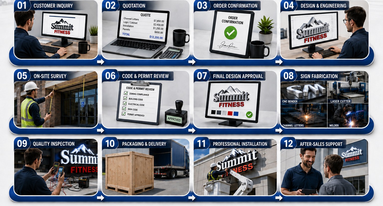 The 12-step process from inquiry to installation, illustrated — customer inquiry, quotation, order confirmation, design and engineering, on-site survey, code and permit review, final design approval, sign fabrication, quality inspection, packaging and delivery, professional installation, and after-sales support