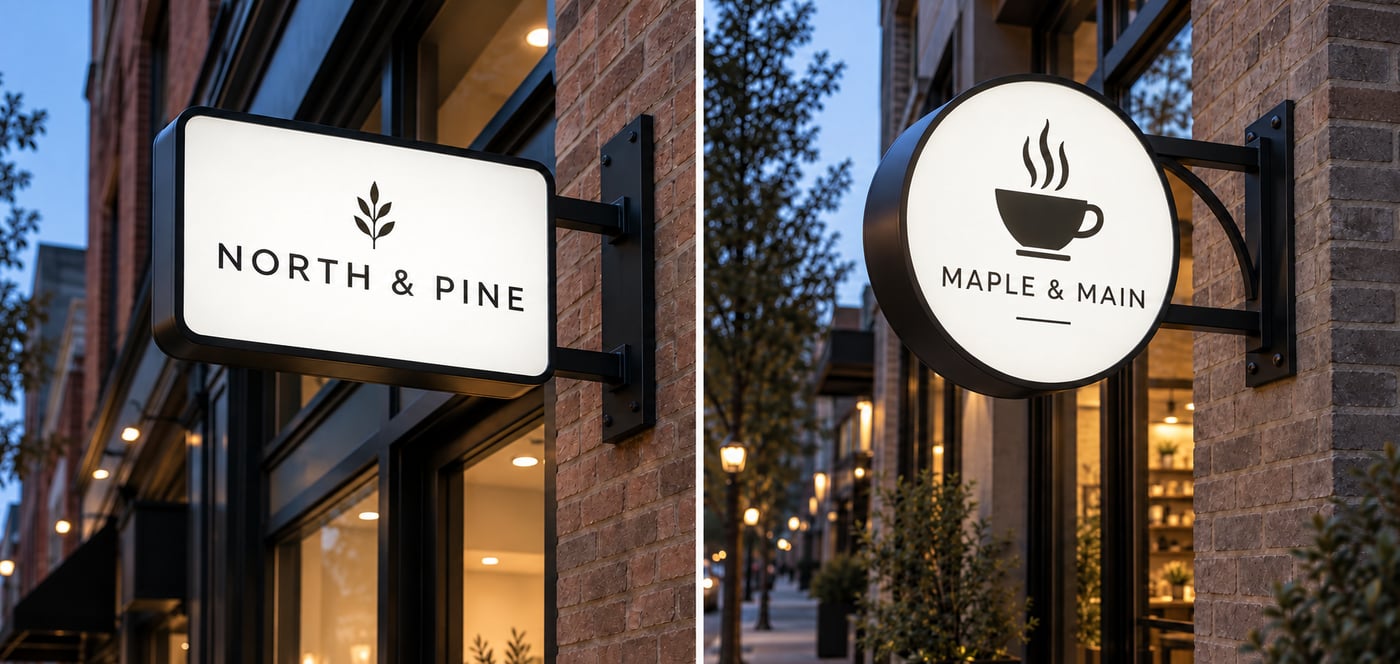 Rectangular and round blade signs mounted on brick storefronts, showing two custom shape options