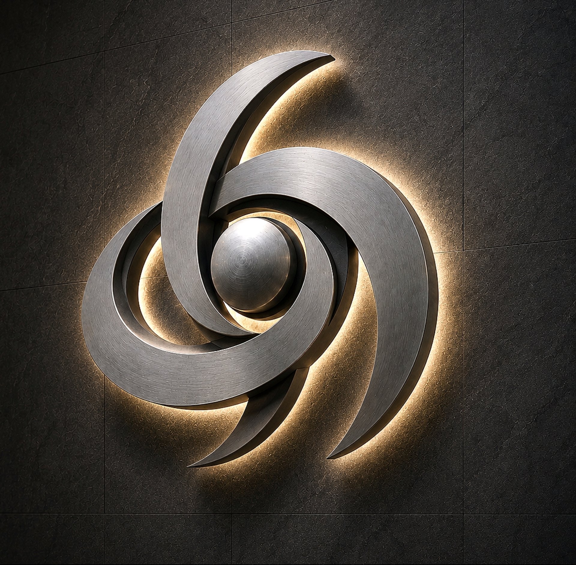 Backlit contour logo with complex swirl design