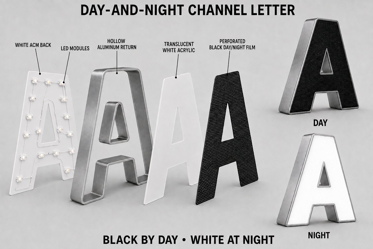 Day-and-Night Channel Letter Assembly — black day/night film, translucent white acrylic, aluminum return, and LED modules