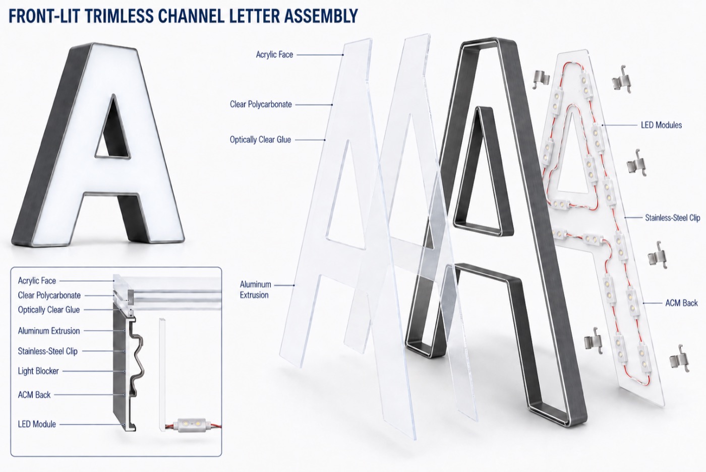 Front-lit trimless channel letter assembly, exploded view: acrylic face, clear polycarbonate, aluminum extrusion, stainless-steel clip, ACM back, and LED module