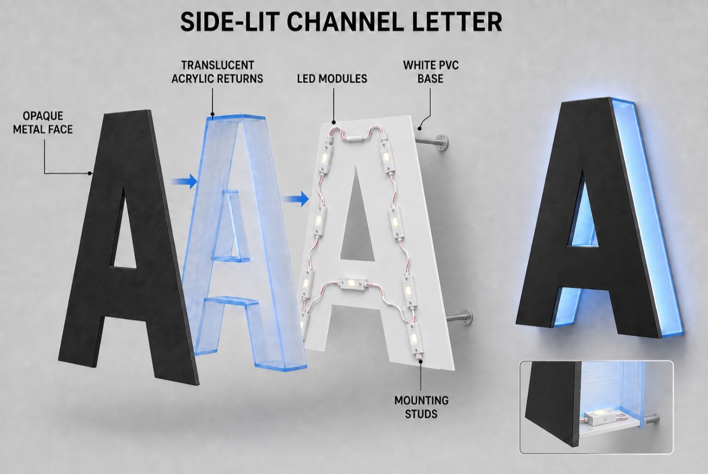 Side-lit channel letter construction: opaque metal face, translucent acrylic returns, LED modules, and the finished illuminated letter
