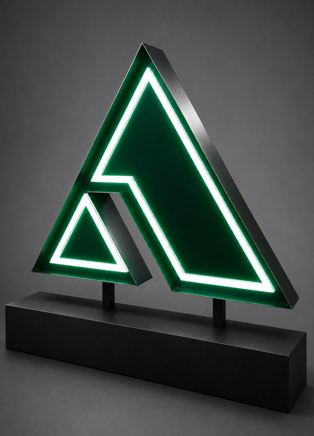 Illuminated triangular logo sign with a glowing open-face LED edge