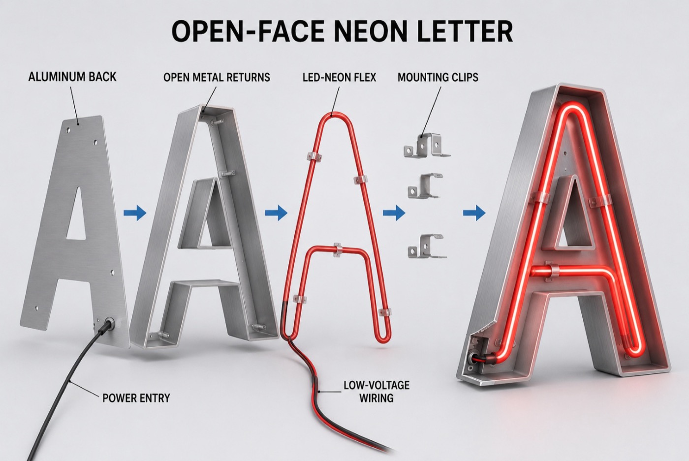 Open-face neon letter construction: aluminum back, open metal returns, LED-neon flex tube, mounting clips, and the finished illuminated letter
