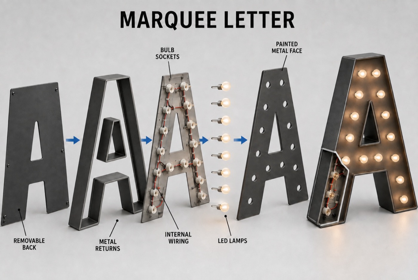 Marquee letter construction: removable back, metal returns, bulb sockets, painted metal face, and the finished letter lit with lamps