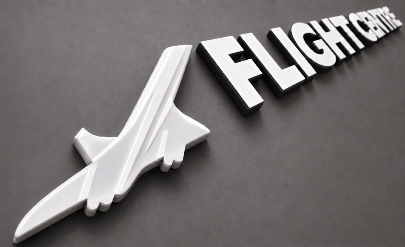 Dimensional 3D letters and logo with an airplane icon, an example of glossy epoxy-style dimensional lettering