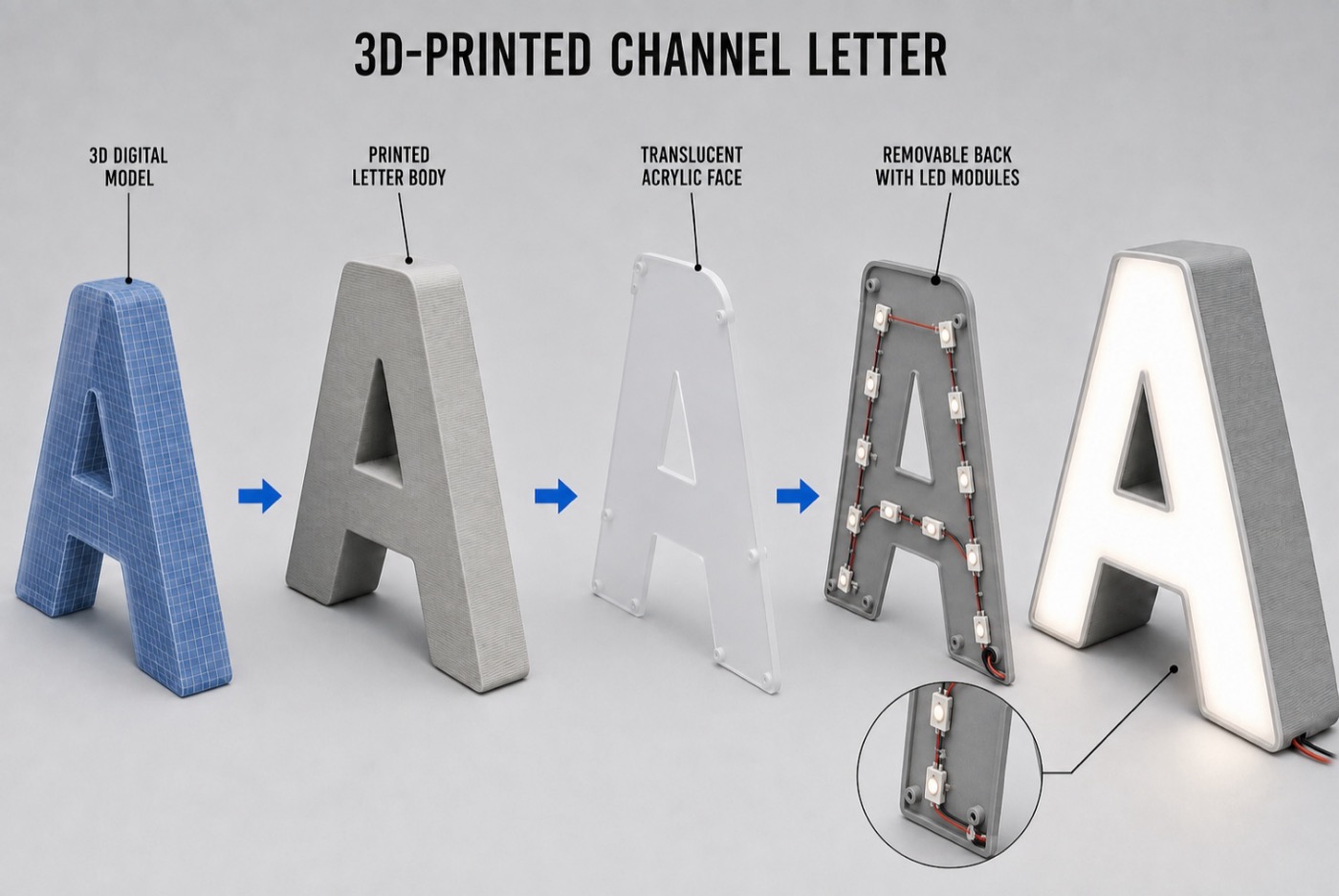 3D-printed channel letter construction: 3D digital model, printed letter body, translucent acrylic face, and removable LED back, shown illuminated