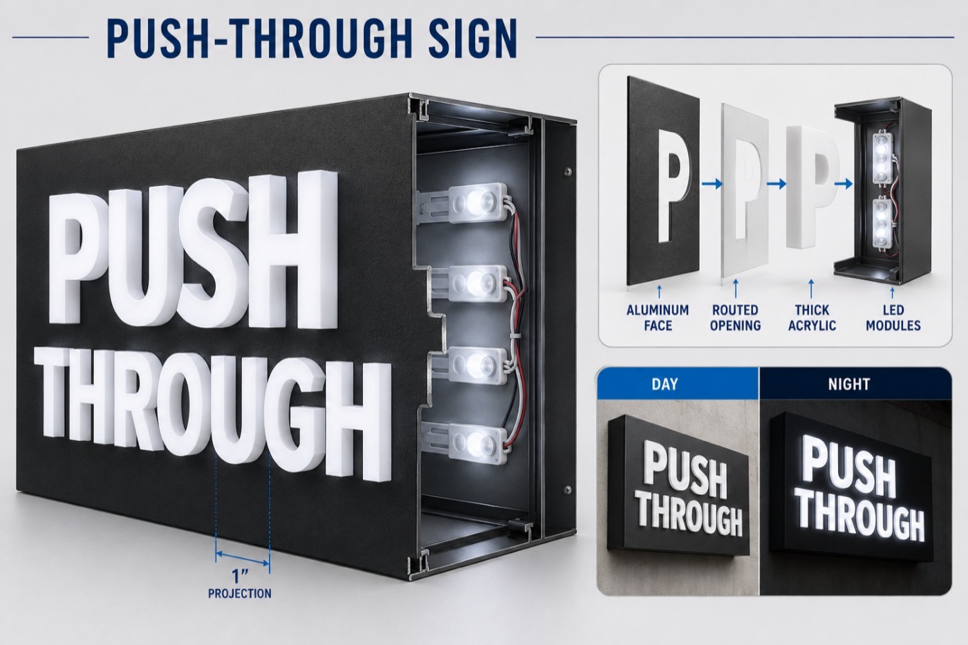 Push-through sign construction and day/night comparison: aluminum face, routed opening, thick acrylic, LED modules, and the finished sign lit and unlit