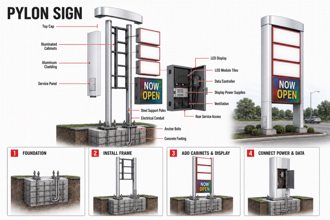 Pylon sign components and installation steps: illuminated cabinets, aluminum cladding, LED display, and foundation through power connection
