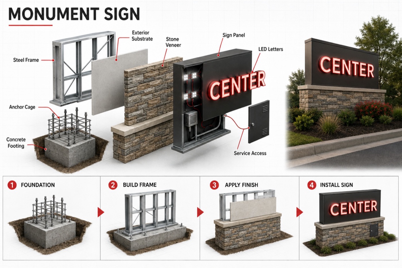 Monument sign construction and installation steps: steel frame, stone veneer, LED letters, and foundation through finished install