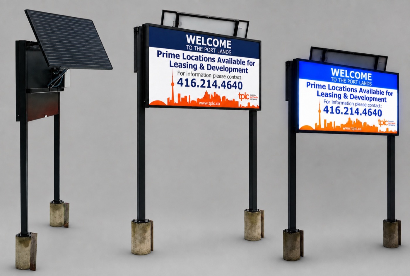Solar-powered sign with an angled solar panel, shown next to an unlit and an illuminated version at night