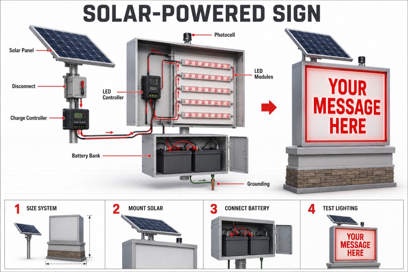 Solar-powered sign components and installation steps: solar panel, charge controller, LED modules, battery bank, and the finished illuminated sign