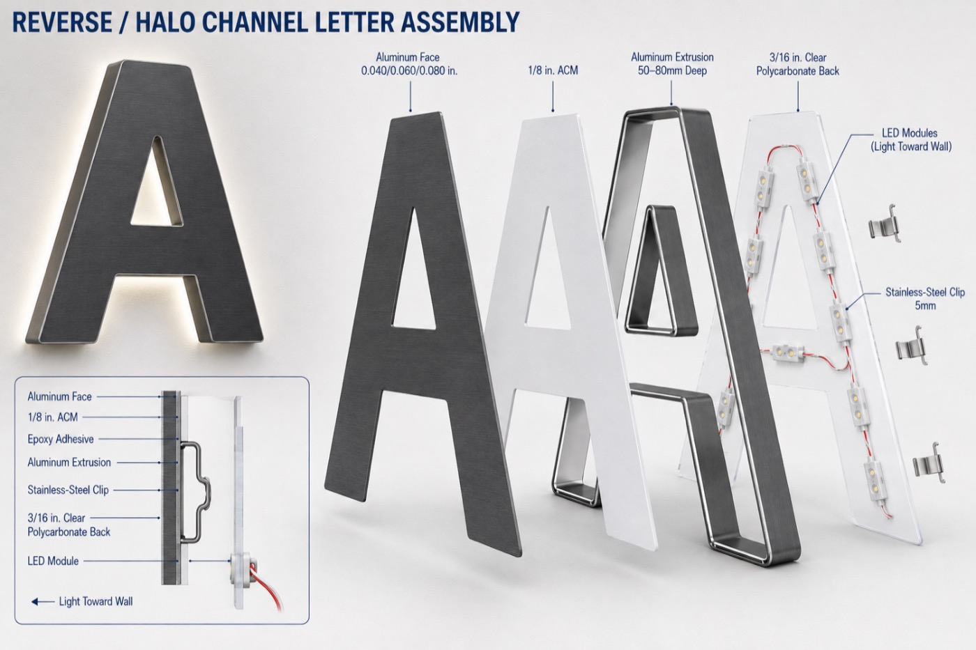 Reverse/halo channel letter construction: aluminum face, ACM back, aluminum extrusion return, LED modules, and clear polycarbonate back