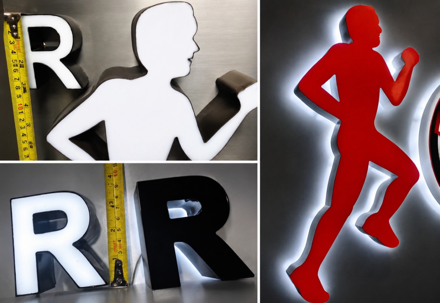 Backlit letter and icon examples, including a tape-measure quality check of a finished letter
