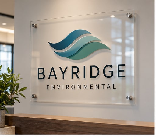 Acrylic panel sign with standoffs in a shared or multi-tenant lobby
