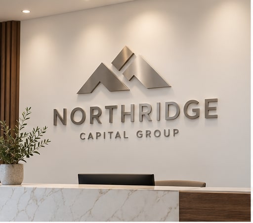 Metal dimensional letters in a reception area, brushed aluminum finish
