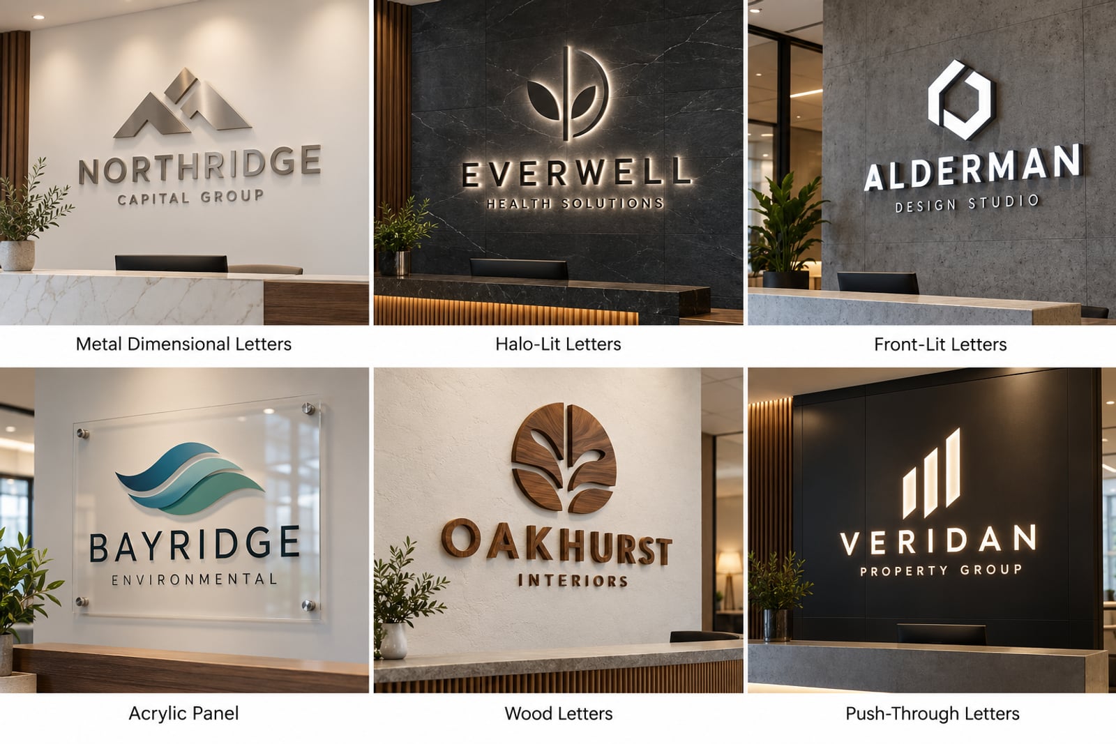 Six indoor lobby and reception sign styles: metal dimensional letters, halo-lit letters, front-lit letters, acrylic panel, wood dimensional letters, and push-through letters