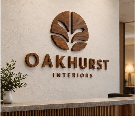 Wood dimensional letters and logo in a wellness or hospitality lobby