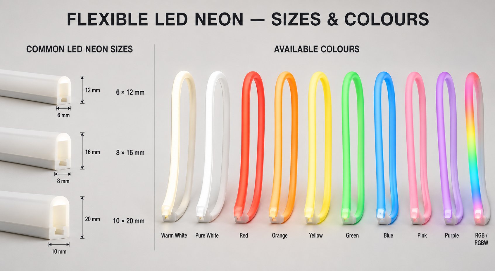 Flexible LED neon — common sizes and available colors