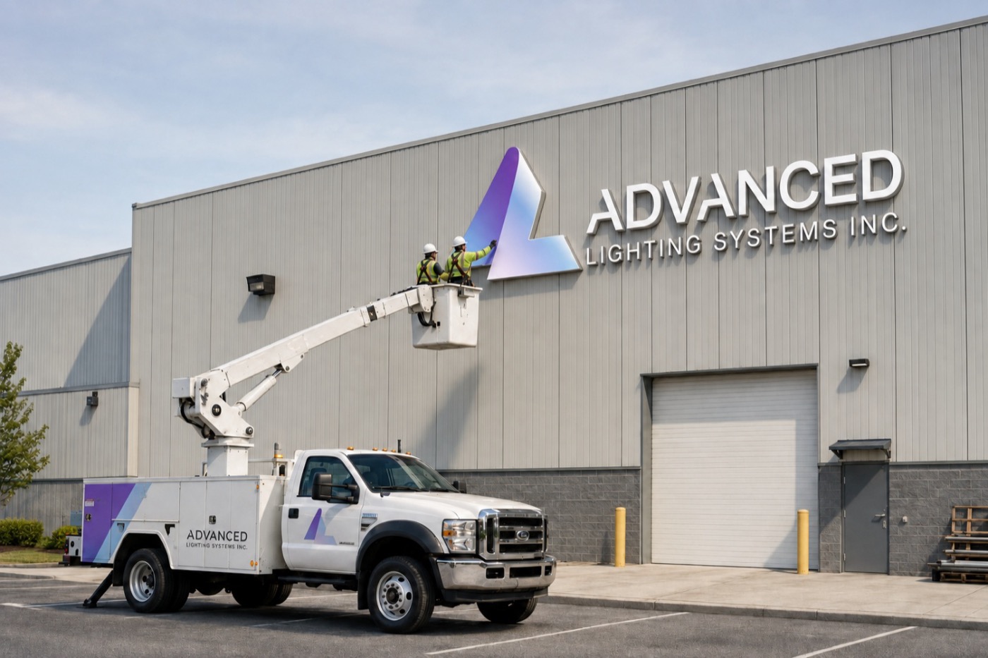 Professional sign installers mounting a commercial sign