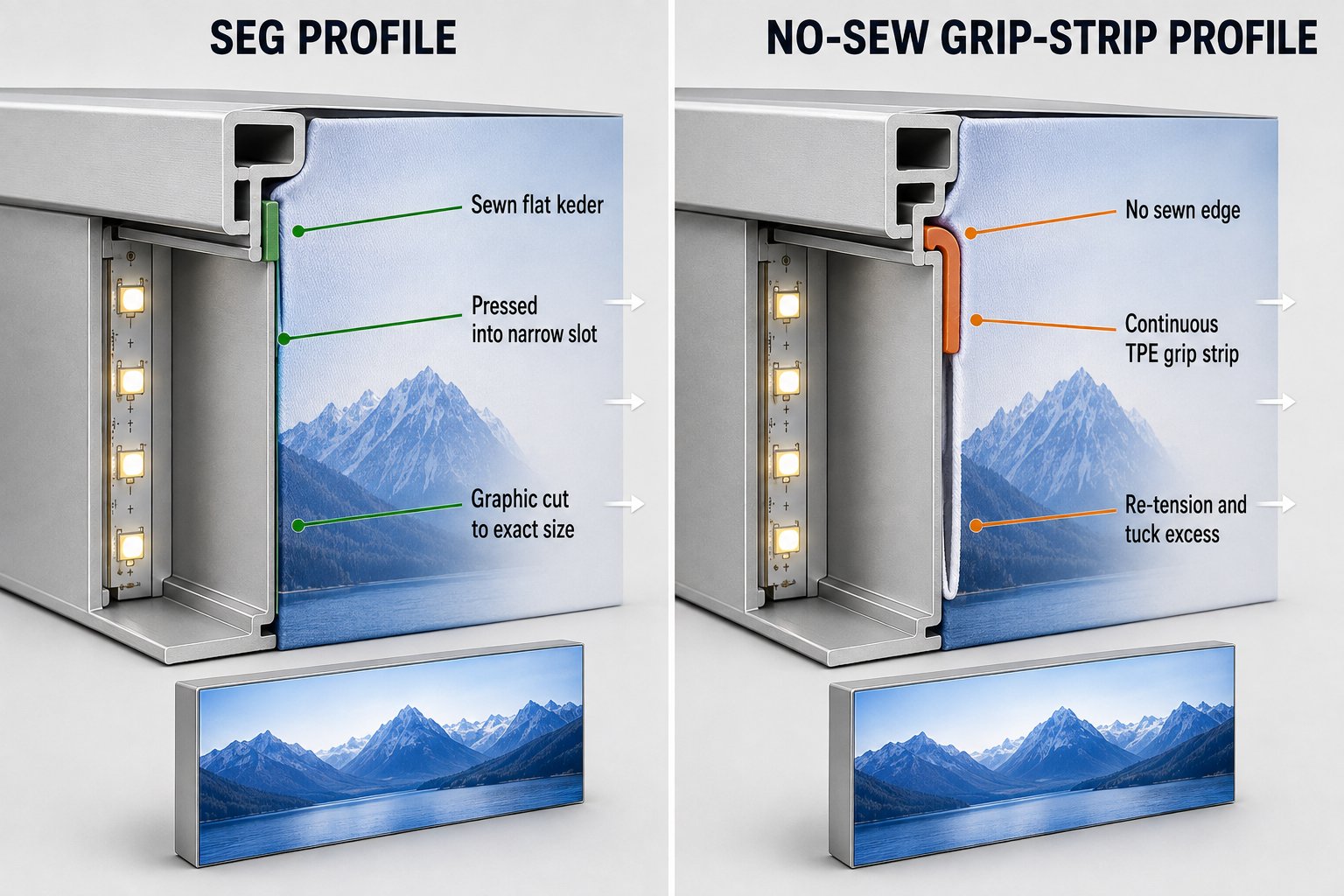 SEG vs. Clamp Profiles for Fabric Light Boxes