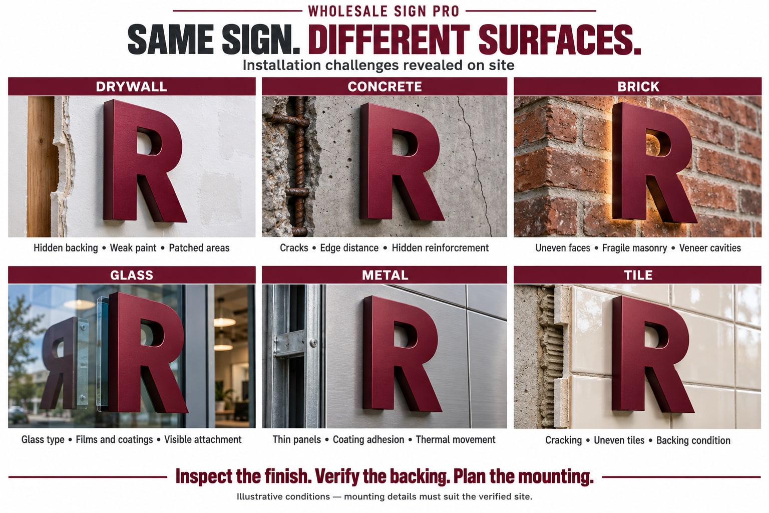 The same sign on six different surfaces: drywall, concrete, brick, glass, metal, and tile, each with its own installation checkpoints