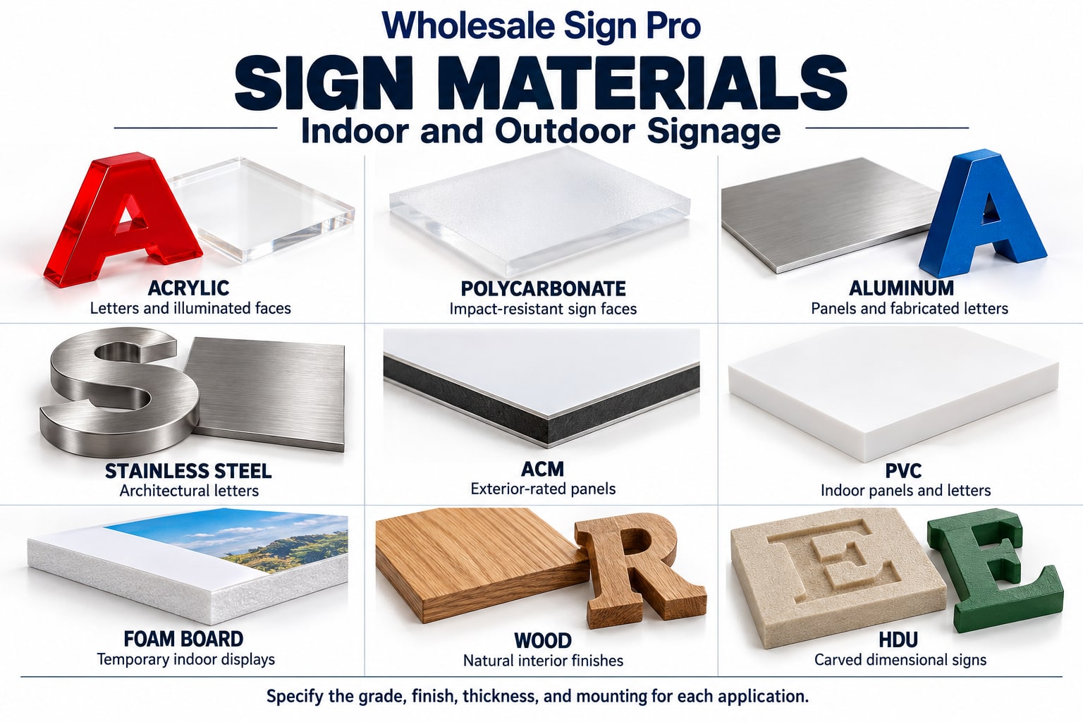 Nine common sign materials: acrylic, polycarbonate, aluminum, stainless steel, ACM, PVC, foam board, wood, and HDU