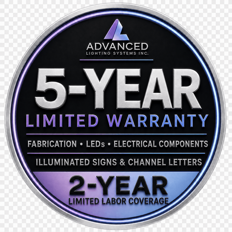 Advanced Lighting Systems Inc. — 5-Year Limited Warranty on Fabrication, LEDs & Electrical Components, 2-Year Limited Labor Coverage