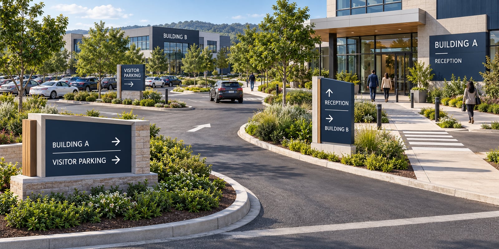 Coordinated wayfinding signs at a business park: a monument sign pointing to Building A and visitor parking, a parking sign, a reception directional, and building identification